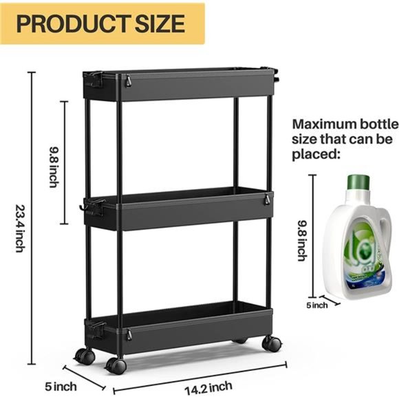 Slim Rolling Storage Cart Laundry Room Organization 3 Tier Mobile Shelving Unit - Picture 3 of 6